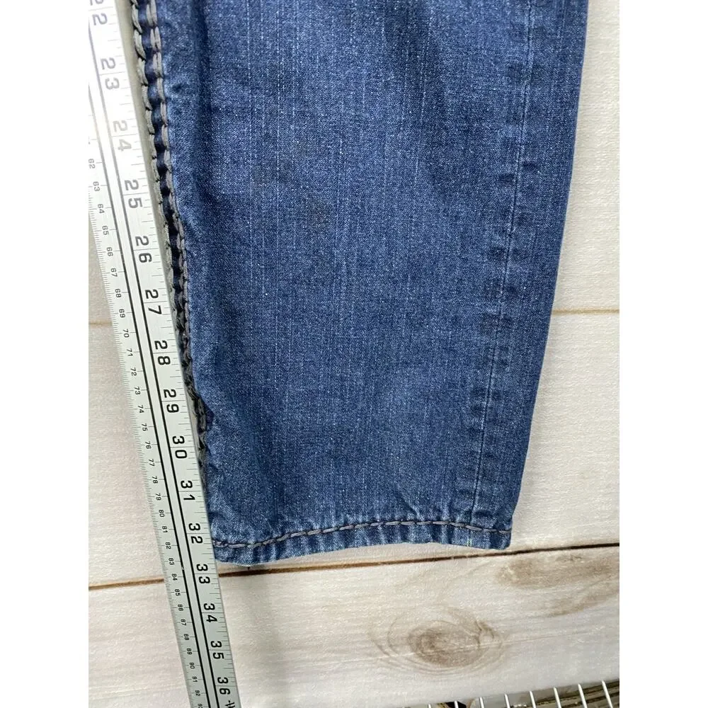 True Religion Billy Jeans 38 Dark Distressed Straight Contrast Embroidery USA
